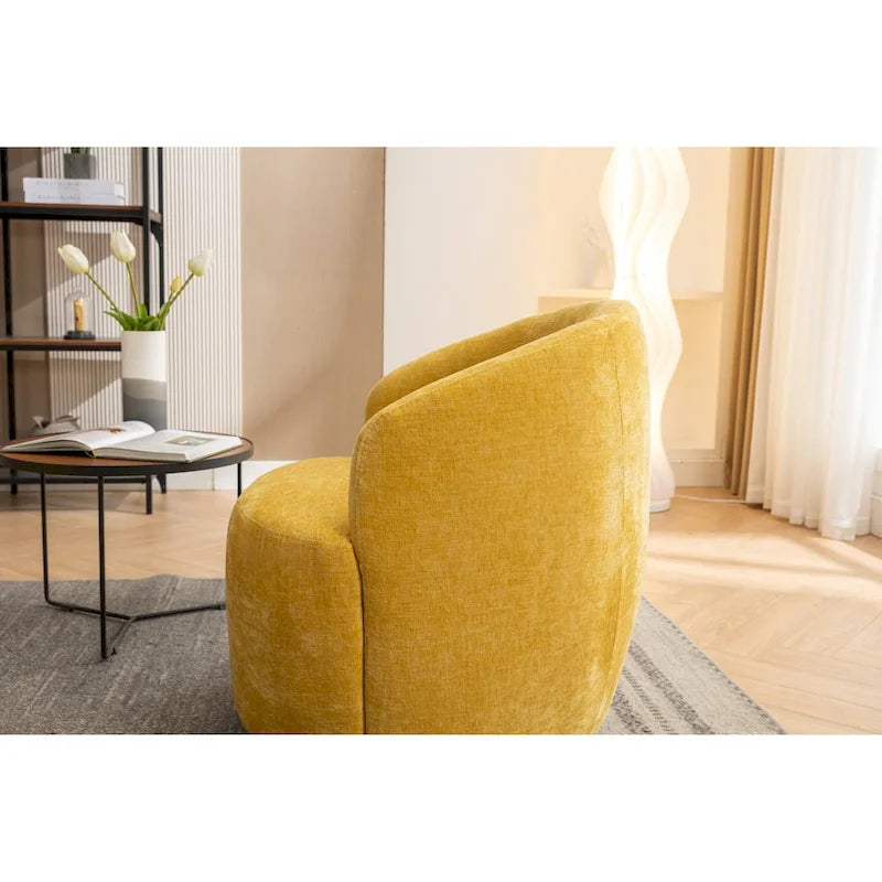 Fauteuil pivotant d'appoint en tissu chenille, style tonneau, avec anneau métallique à revêtement en poudre noir