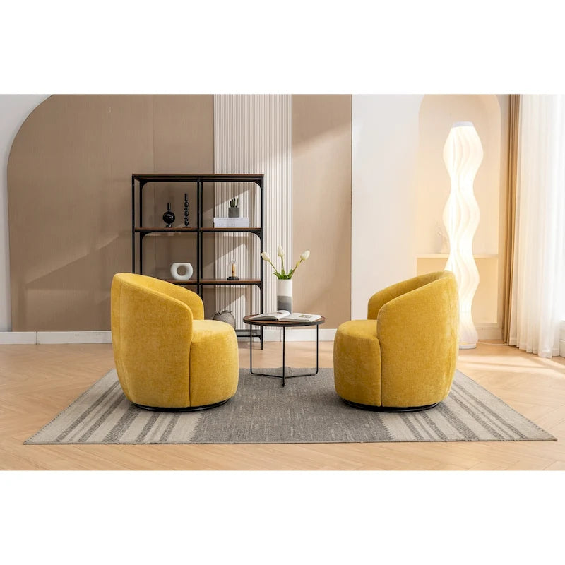Fauteuil pivotant d'appoint en tissu chenille, style tonneau, avec anneau métallique à revêtement en poudre noir
