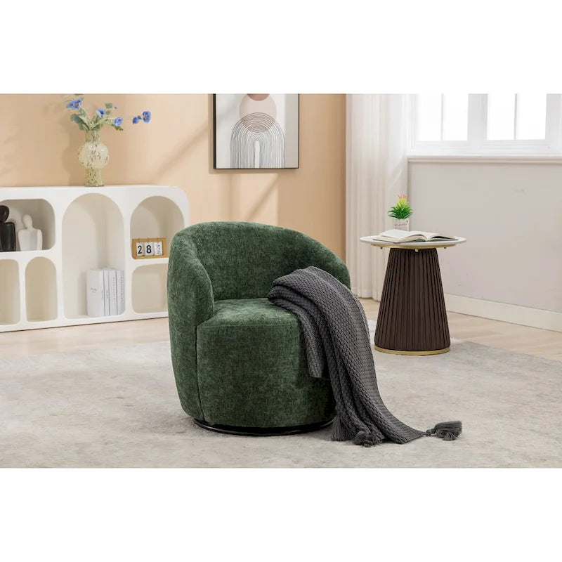 Fauteuil pivotant d'appoint en tissu chenille, style tonneau, avec anneau métallique à revêtement en poudre noir