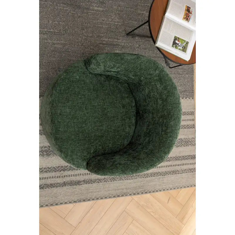 Fauteuil pivotant d'appoint en tissu chenille, style tonneau, avec anneau métallique à revêtement en poudre noir