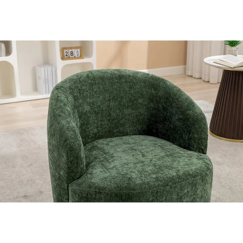 Fauteuil pivotant d'appoint en tissu chenille, style tonneau, avec anneau métallique à revêtement en poudre noir