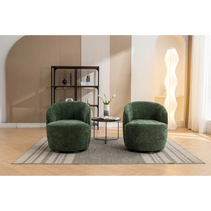 Fauteuil pivotant d'appoint en tissu chenille, style tonneau, avec anneau métallique à revêtement en poudre noir