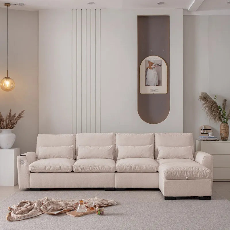 Canapé modulable élégant en chenille avec pouf réversible, ports USB et porte-gobelet, beige