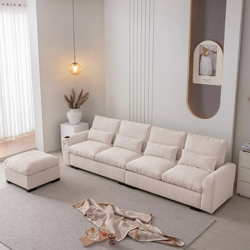 Canapé modulable élégant en chenille avec pouf réversible, ports USB et porte-gobelet, beige