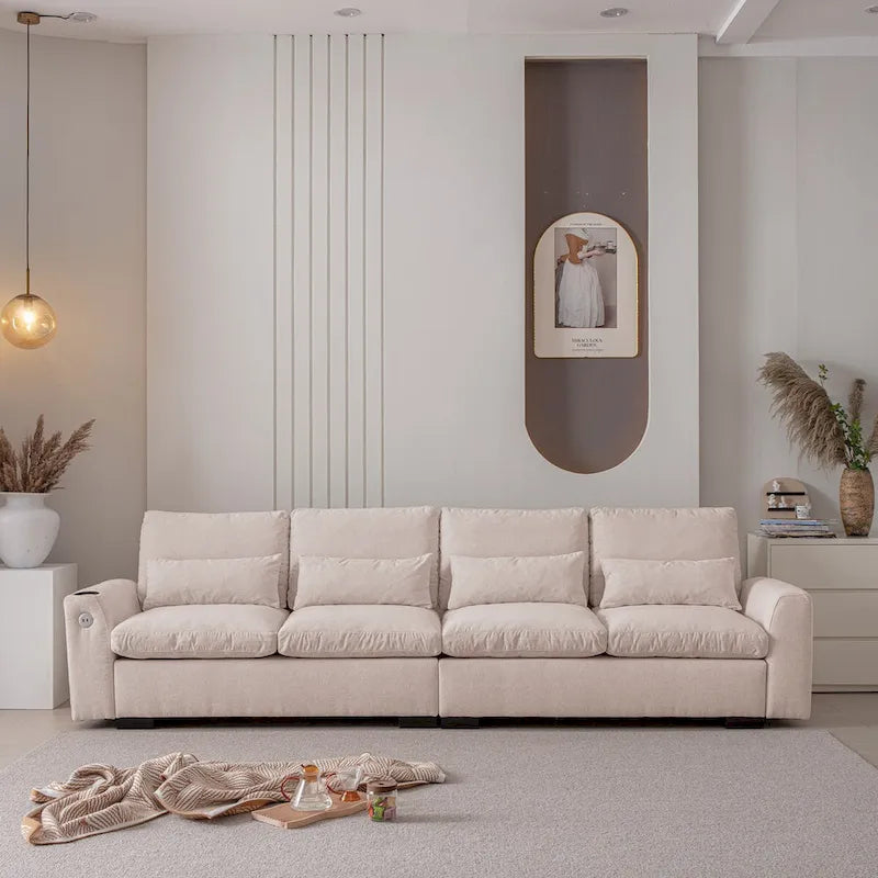 Canapé modulable élégant en chenille avec pouf réversible, ports USB et porte-gobelet, beige