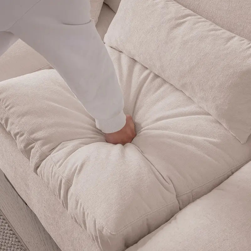 Canapé modulable élégant en chenille avec pouf réversible, ports USB et porte-gobelet, beige