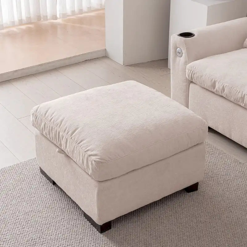 Canapé modulable élégant en chenille avec pouf réversible, ports USB et porte-gobelet, beige