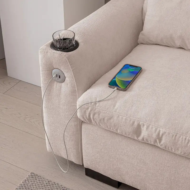 Canapé modulable élégant en chenille avec pouf réversible, ports USB et porte-gobelet, beige
