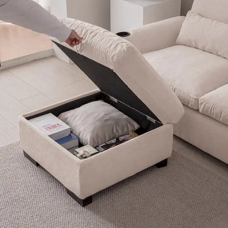 Canapé modulable élégant en chenille avec pouf réversible, ports USB et porte-gobelet, beige