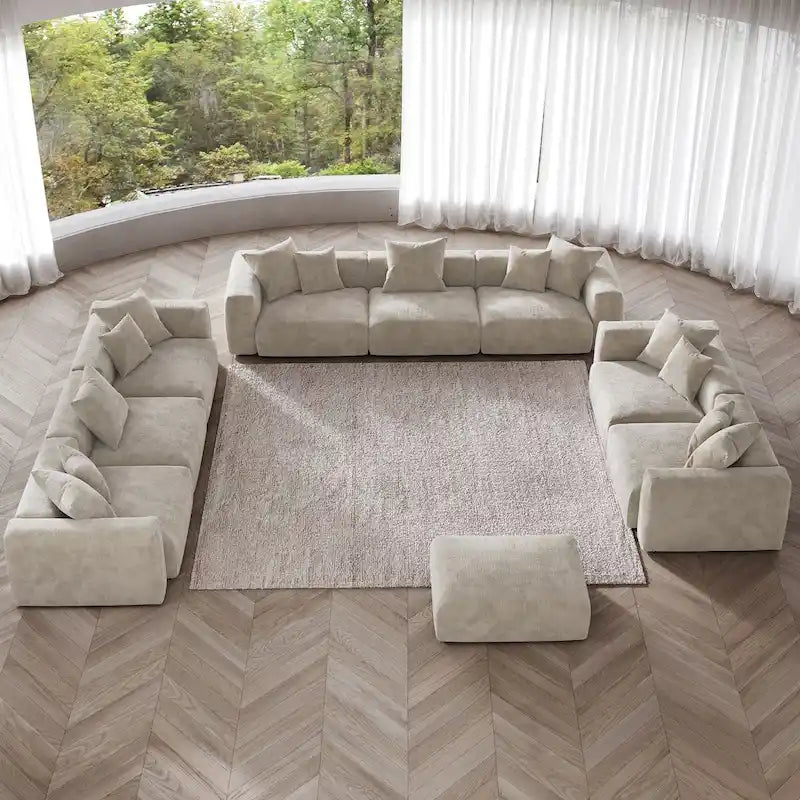 Ensemble de canapés modernes 3 pièces avec pouf et méridienne, canapé d'angle modulable en velours côtelé pour salon