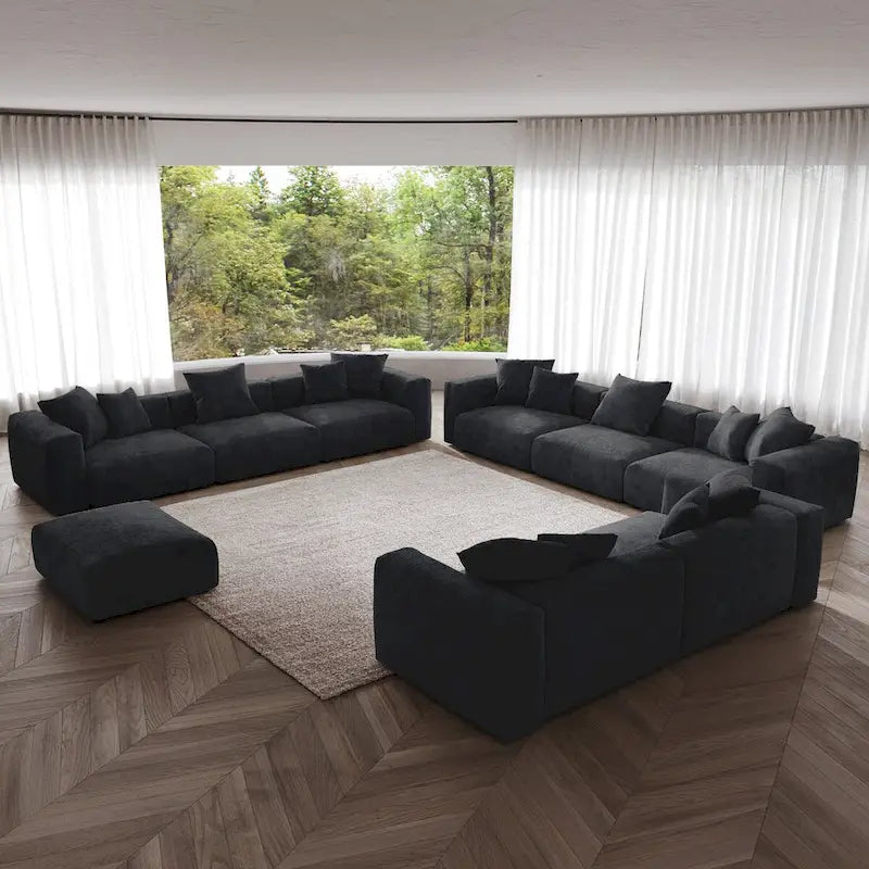 Ensemble de canapés modernes 3 pièces avec pouf et méridienne, canapé d'angle modulable en velours côtelé pour salon