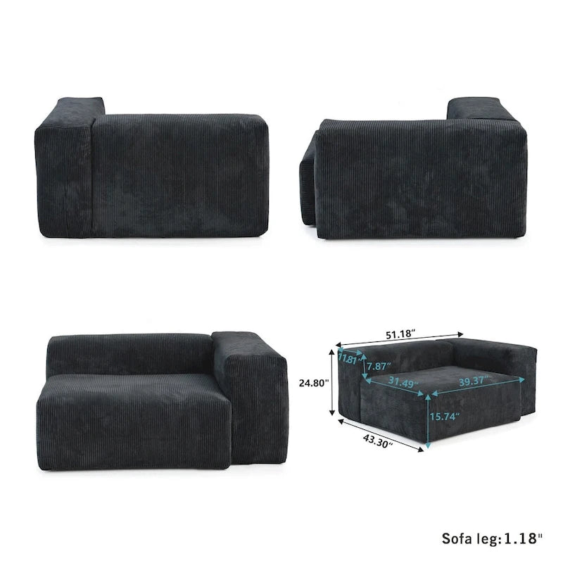 Ensemble de canapés modernes 3 pièces avec pouf et méridienne, canapé d'angle modulable en velours côtelé pour salon
