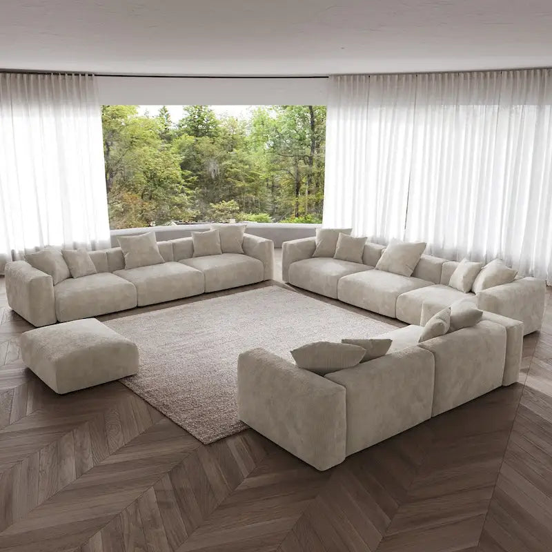 Ensemble de canapés modernes 3 pièces avec pouf et méridienne, canapé d'angle modulable en velours côtelé pour salon
