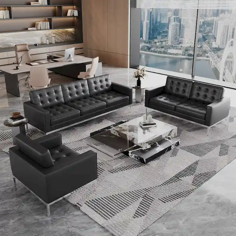 Black Leatherite Nailheads Florence 33-83W Multi-seat Sofa