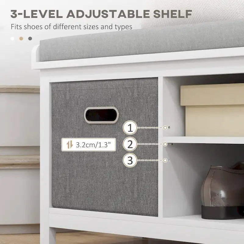 Banc à chaussures avec coussin, banc de rangement pour entrée avec assise rembourrée, 2 tiroirs et étagère réglable pour couloir.