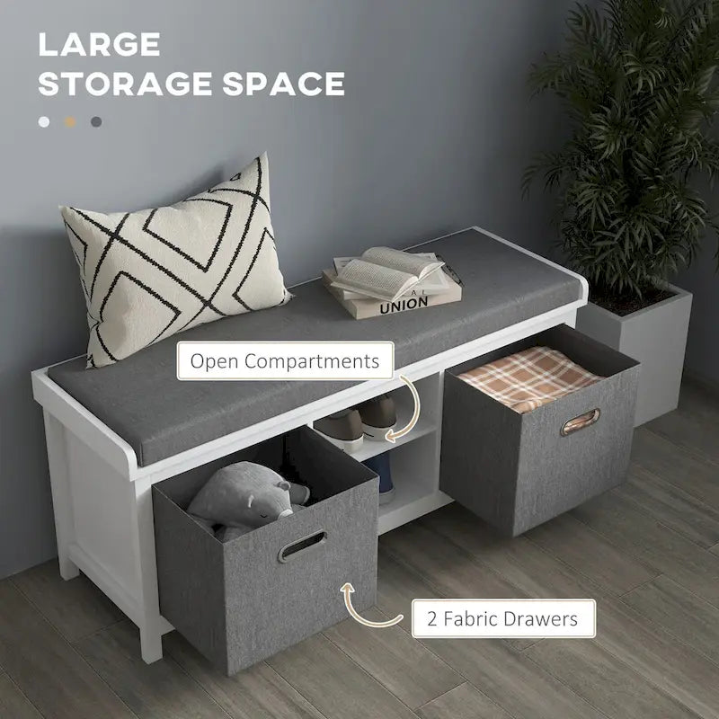 Banc à chaussures avec coussin, banc de rangement pour entrée avec assise rembourrée, 2 tiroirs et étagère réglable pour couloir.