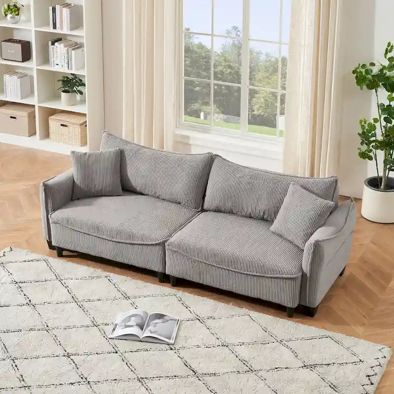 Canapé en tissu velours côtelé avec 2 coussins décoratifs