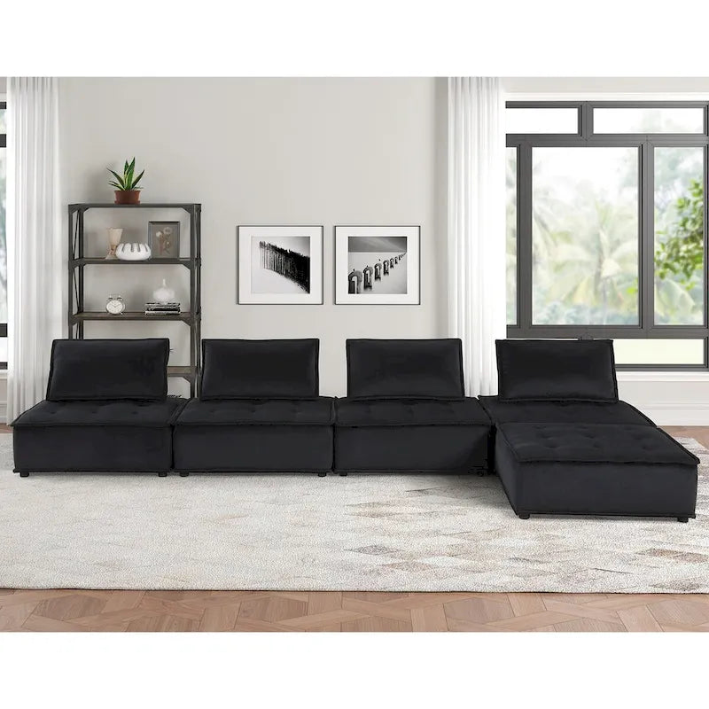 Canapé d'angle modulable 5 pièces en velours avec pouf