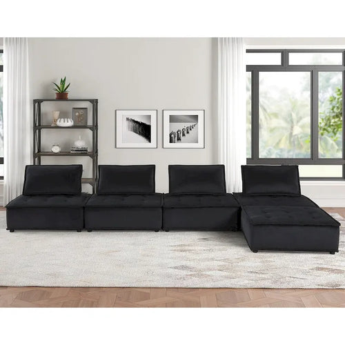 Canapé d'angle modulable 5 pièces en velours avec pouf