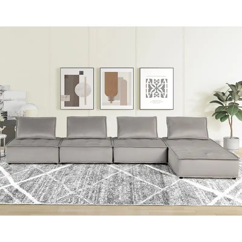 Canapé d'angle modulable 5 pièces en velours avec pouf