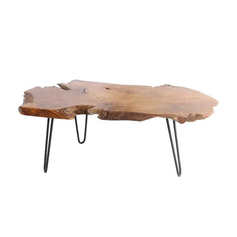 Table basse artisanale en bois massif avec plateau en bois brut et pieds en métal noir - Brun - Roche River Decor