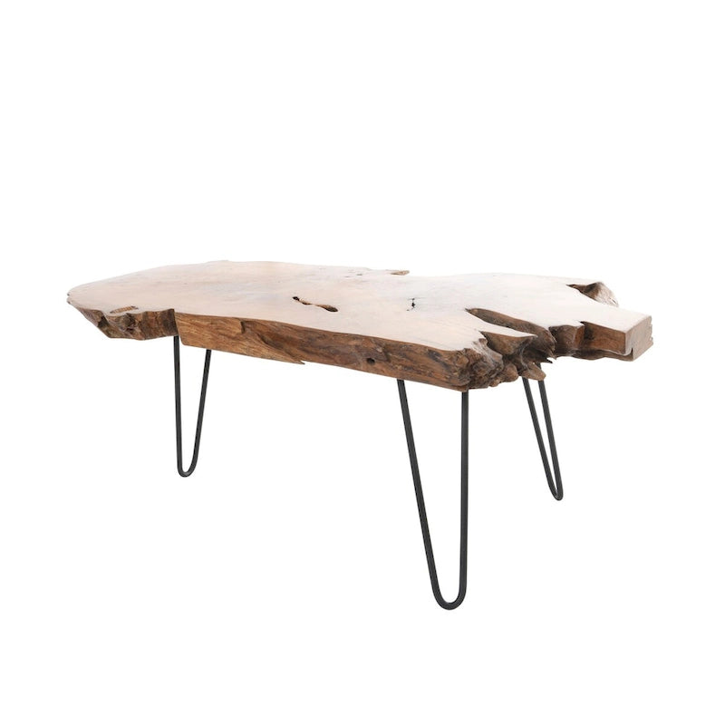 Table basse artisanale en bois massif avec plateau en bois brut et pieds en métal noir - Brun - Roche River Decor