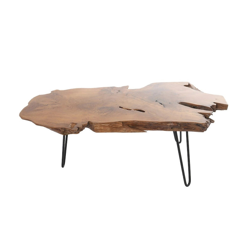 Table basse artisanale en bois massif avec plateau en bois brut et pieds en métal noir - Brun - Roche River Decor