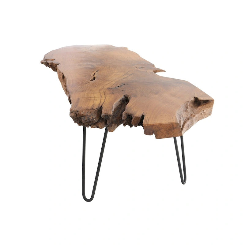 Table basse artisanale en bois massif avec plateau en bois brut et pieds en métal noir - Brun - Roche River Decor