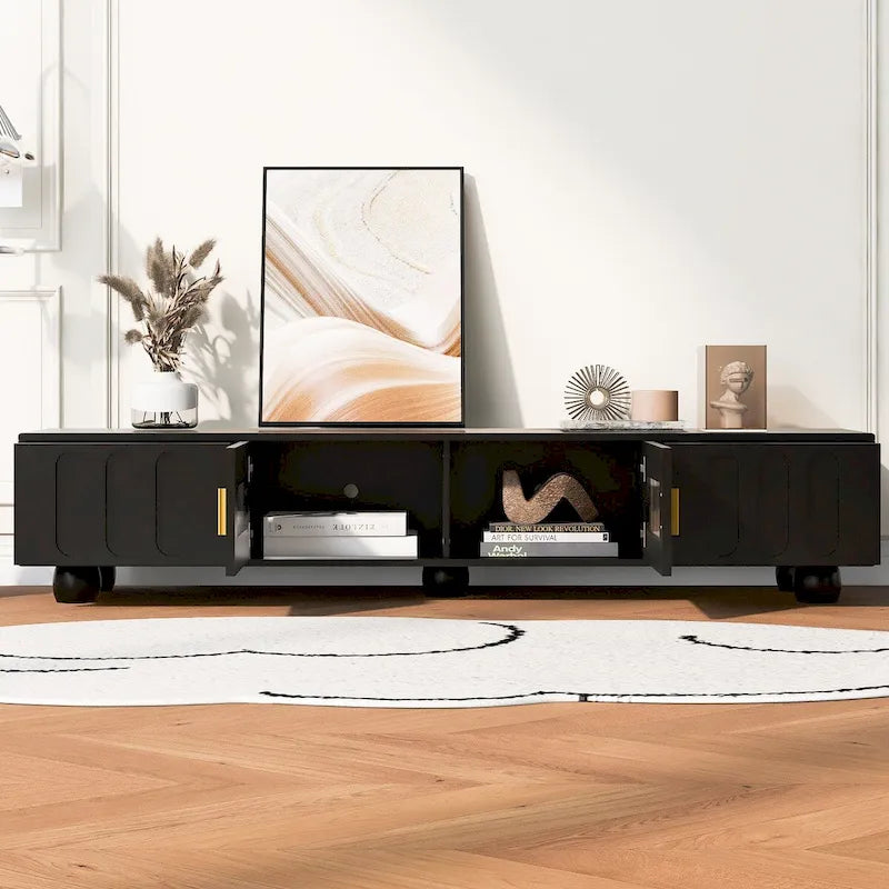 Meuble TV moderne avec porte vitrée, 2 tiroirs et placards pour téléviseurs jusqu'à 80 pouces.