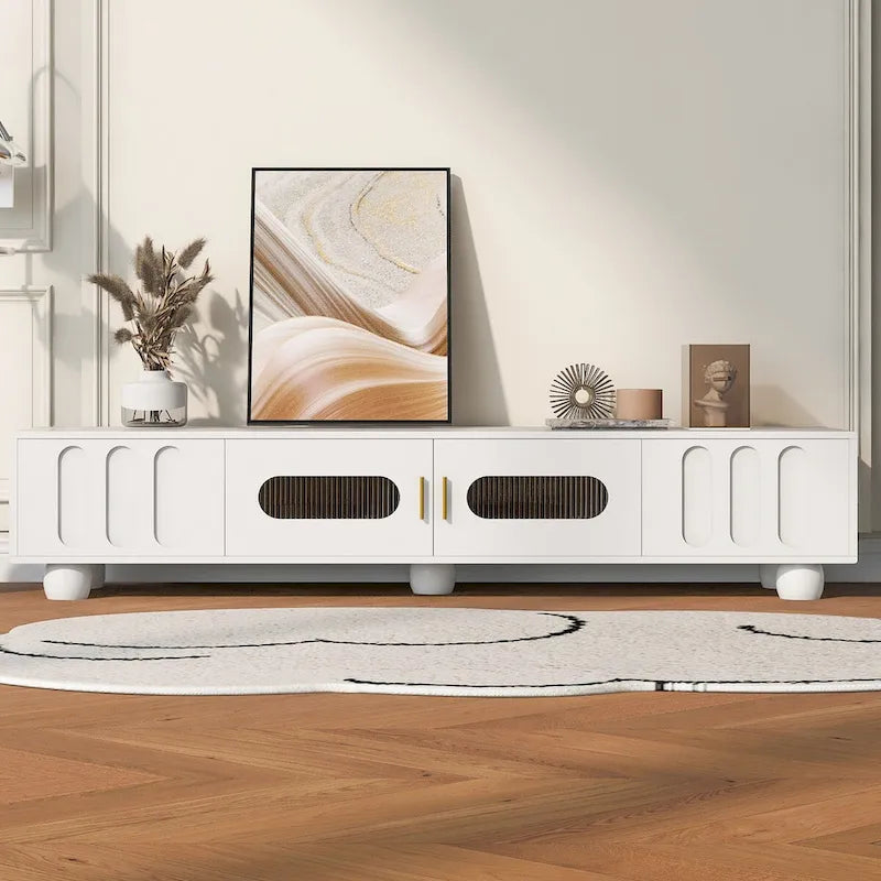 Meuble TV moderne avec porte vitrée, 2 tiroirs et placards pour téléviseurs jusqu'à 80 pouces.