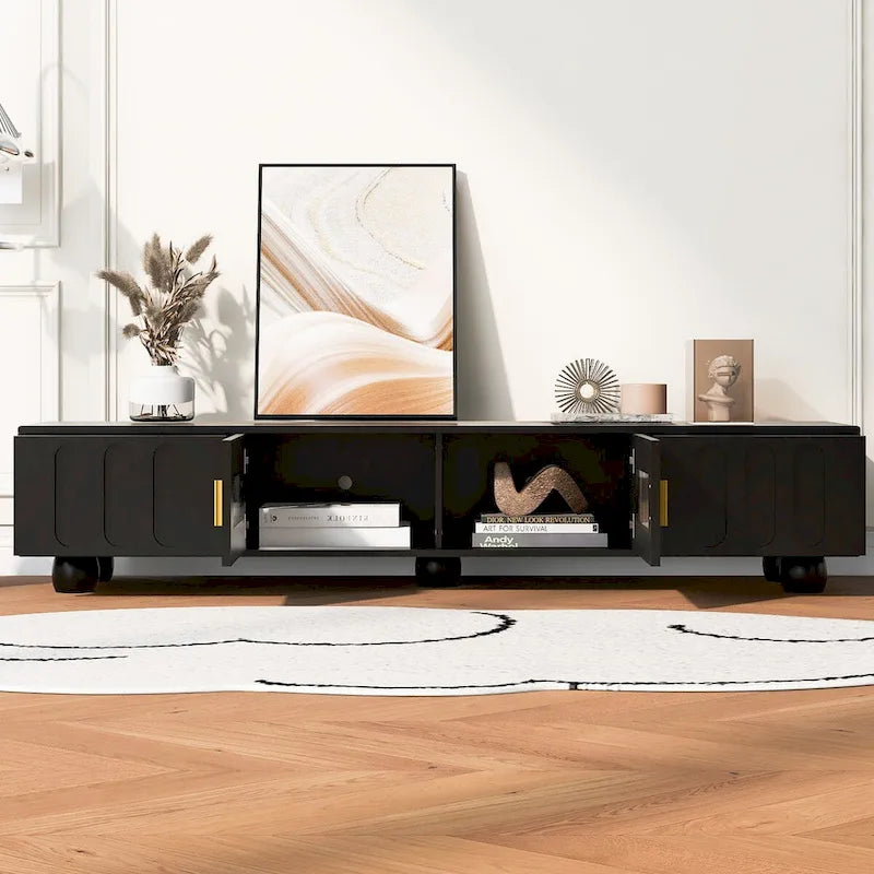 Meuble TV moderne avec porte vitrée, 2 tiroirs et placards pour téléviseurs jusqu'à 80 pouces.