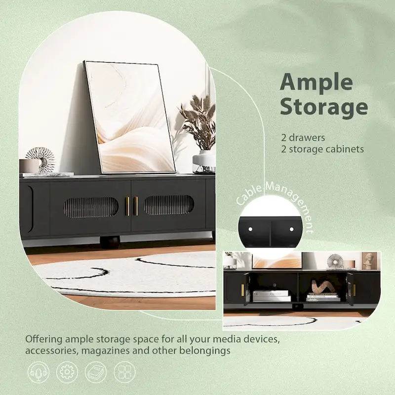 Meuble TV moderne avec porte vitrée, 2 tiroirs et placards pour téléviseurs jusqu'à 80 pouces.