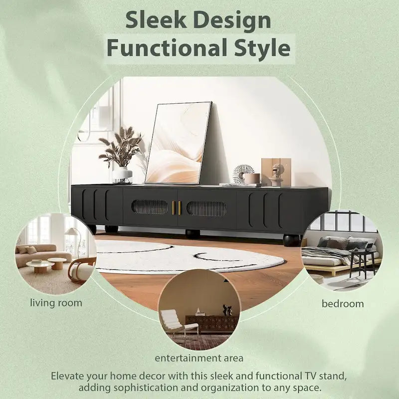 Meuble TV moderne avec porte vitrée, 2 tiroirs et placards pour téléviseurs jusqu'à 80 pouces.