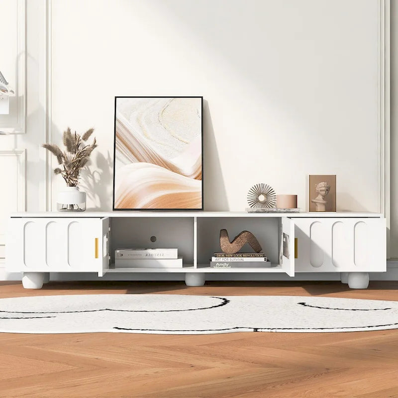 Meuble TV moderne avec porte vitrée, 2 tiroirs et placards pour téléviseurs jusqu'à 80 pouces.