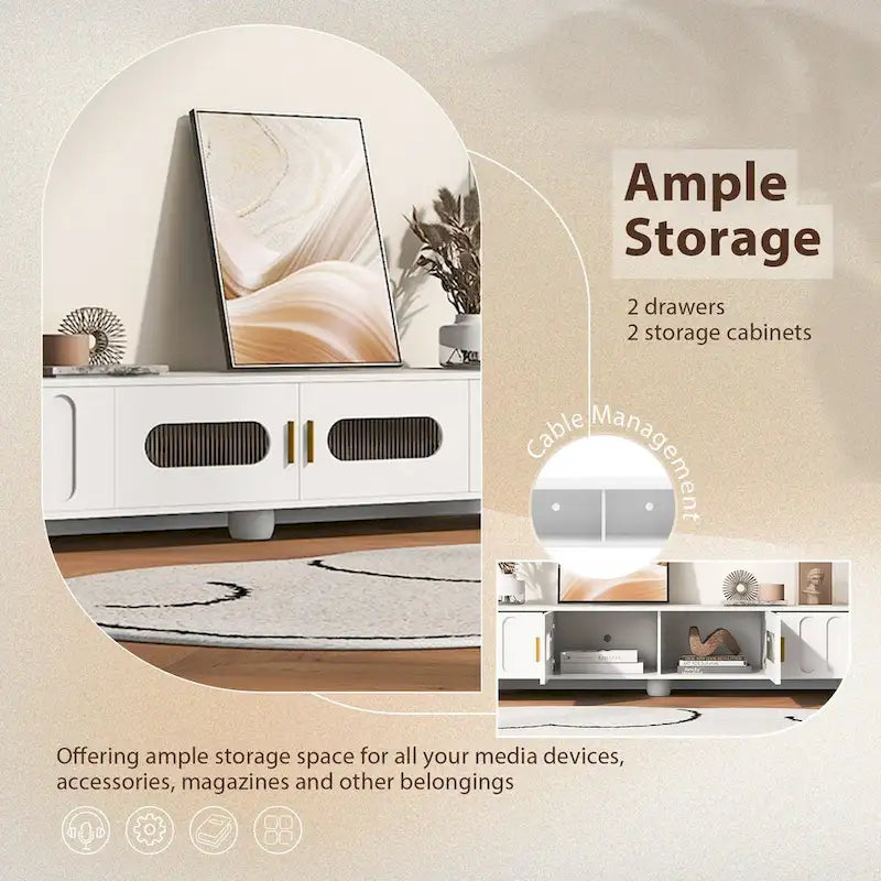 Meuble TV moderne avec porte vitrée, 2 tiroirs et placards pour téléviseurs jusqu'à 80 pouces.