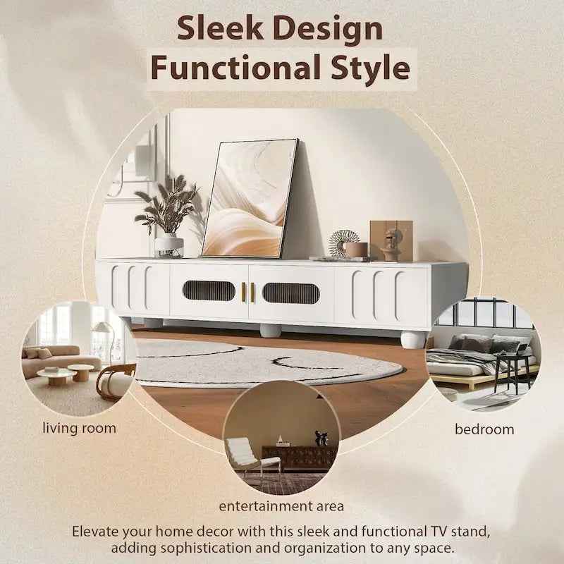 Meuble TV moderne avec porte vitrée, 2 tiroirs et placards pour téléviseurs jusqu'à 80 pouces.