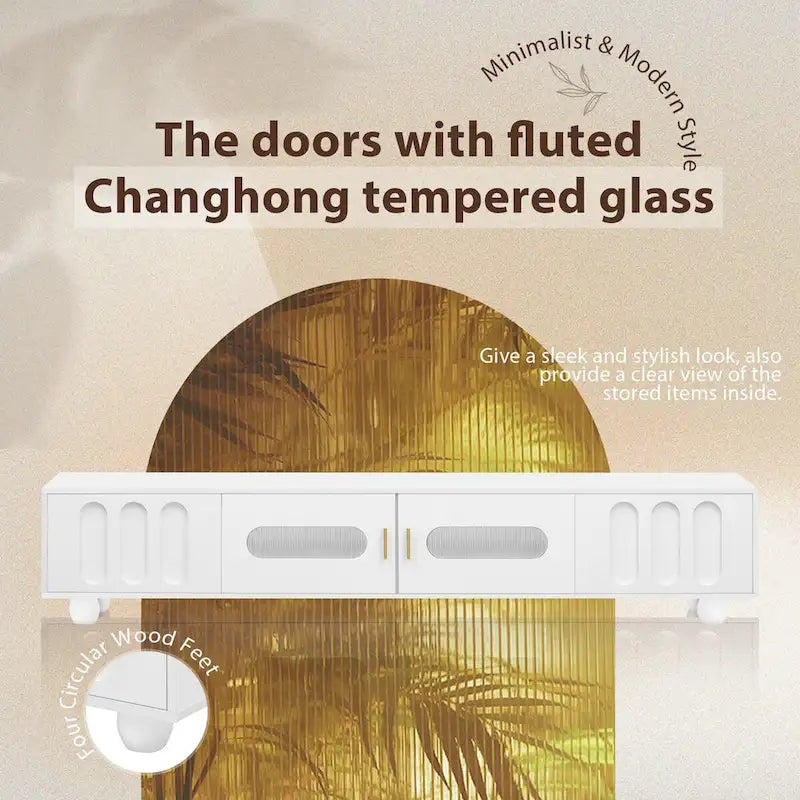 Meuble TV moderne avec porte vitrée, 2 tiroirs et placards pour téléviseurs jusqu'à 80 pouces.