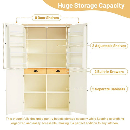 Armoire de rangement de cuisine autoportante de 40,2 x 20 x 71,3 pouces de haut, avec 2 tiroirs, 2 étagères réglables et 8 étagères de porte.