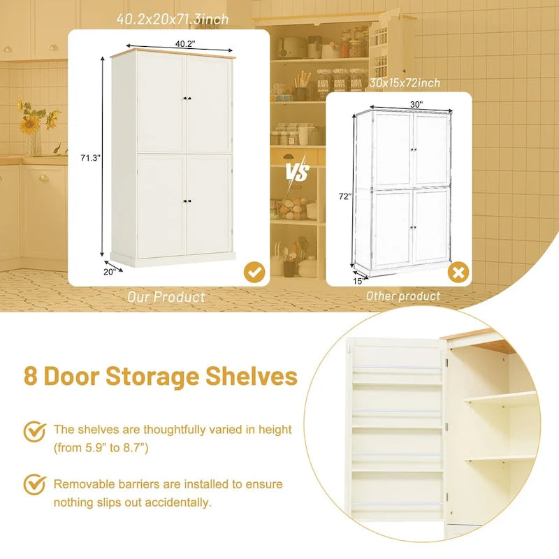 Armoire de rangement de cuisine autoportante de 40,2 x 20 x 71,3 pouces de haut, avec 2 tiroirs, 2 étagères réglables et 8 étagères de porte.