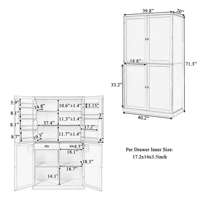Armoire de rangement de cuisine autoportante de 40,2 x 20 x 71,3 pouces de haut, avec 2 tiroirs, 2 étagères réglables et 8 étagères de porte.
