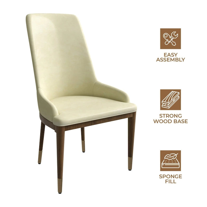 Chaise de salle à manger en cuir rembourré avec structure en bois d'hévéa, dossier haut et pieds dorés pour salon