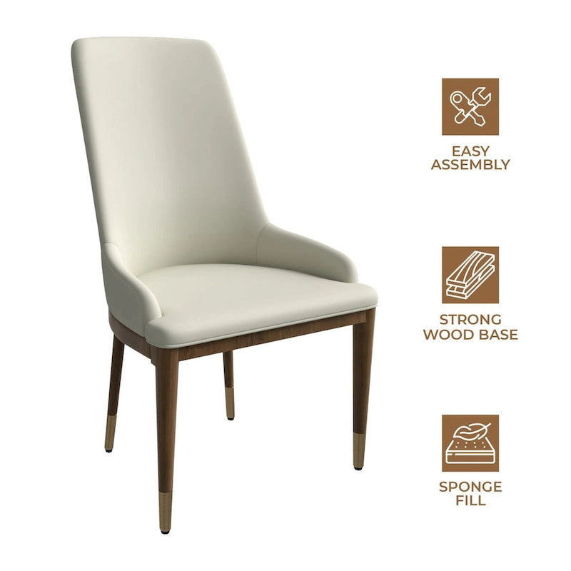Chaise de salle à manger en cuir rembourré avec structure en bois d'hévéa, dossier haut et pieds dorés pour salon