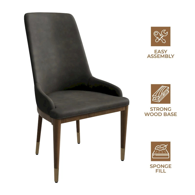 Chaise de salle à manger en cuir rembourré avec structure en bois d'hévéa, dossier haut et pieds dorés pour salon