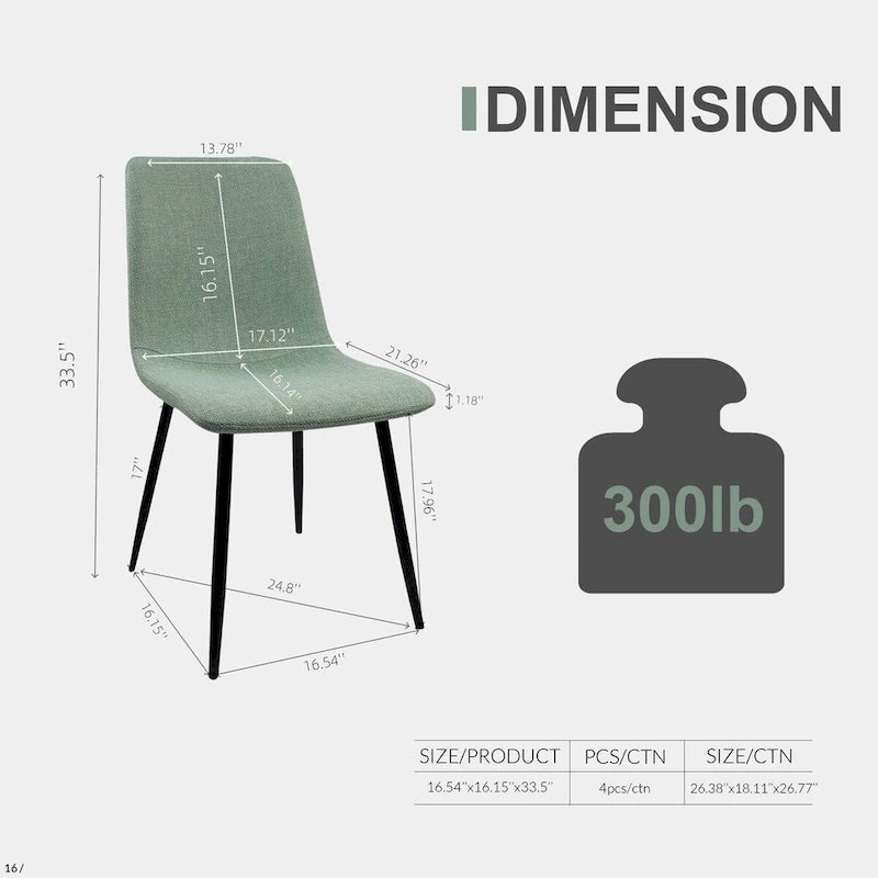 Ensemble de 4 chaises de salle à manger, chaises d'appoint rembourrées en lin avec assise rembourrée et pieds robustes en métal noir.