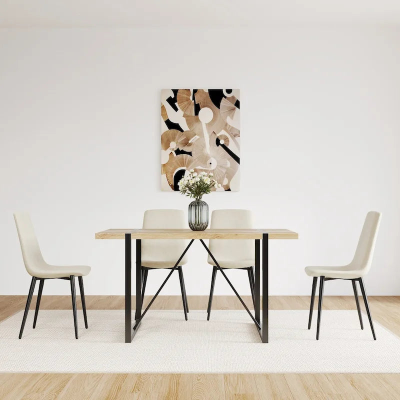 Ensemble de 4 chaises de salle à manger, chaises d'appoint rembourrées en lin avec assise rembourrée et pieds robustes en métal noir.
