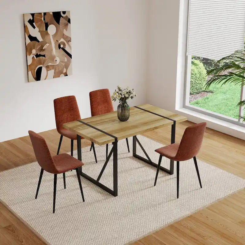 Ensemble de 4 chaises de salle à manger, chaises d'appoint rembourrées en lin avec assise rembourrée et pieds robustes en métal noir.