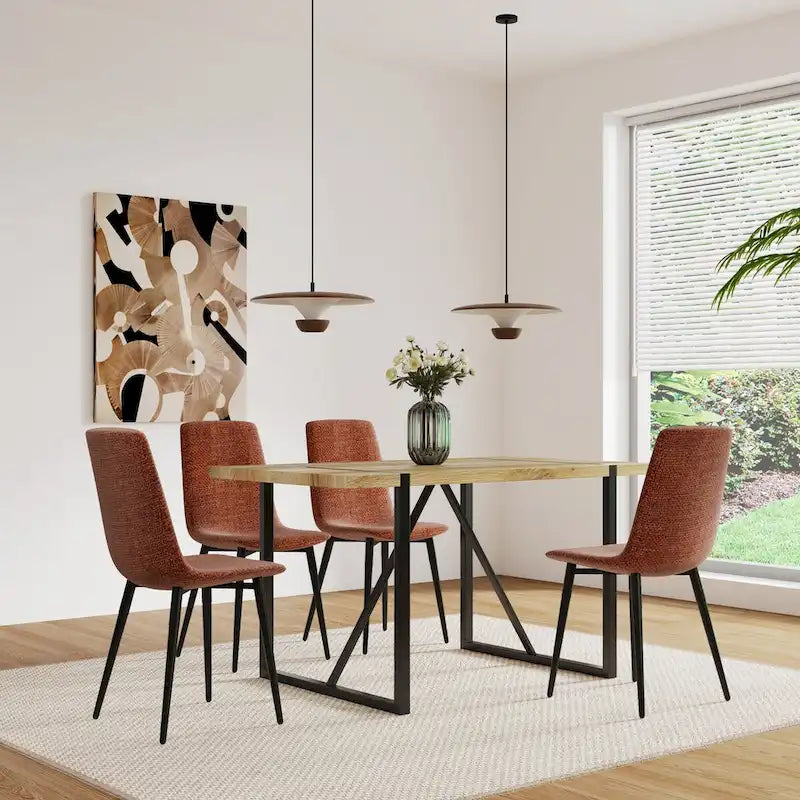 Ensemble de 4 chaises de salle à manger, chaises d'appoint rembourrées en lin avec assise rembourrée et pieds robustes en métal noir.