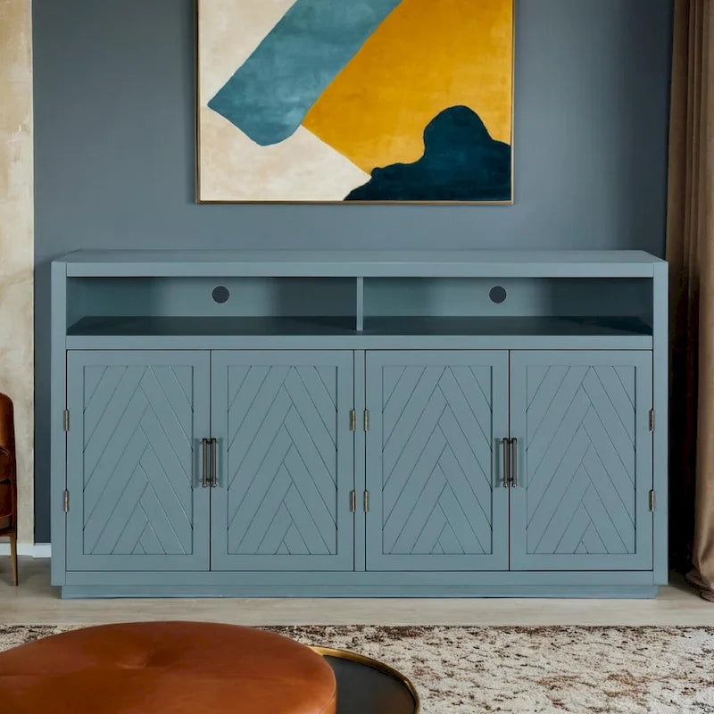 Buffet classique à 4 portes avec rangements ouverts et étagères réglables, idéal pour les cuisines et les salons.