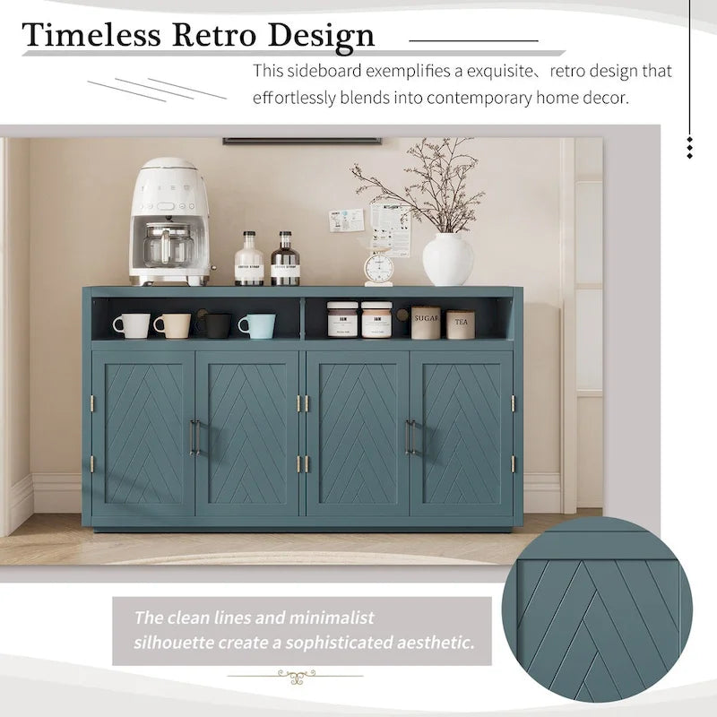 Buffet classique à 4 portes avec rangements ouverts et étagères réglables, idéal pour les cuisines et les salons.