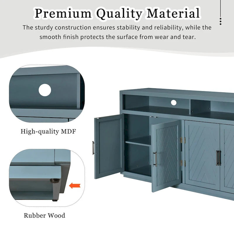 Buffet classique à 4 portes avec rangements ouverts et étagères réglables, idéal pour les cuisines et les salons.